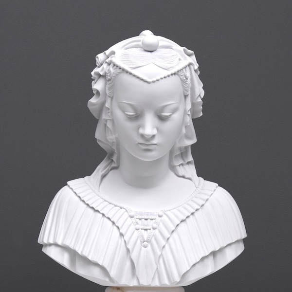 Veiled Maiden Bust Sculpture (Veiled Lady as Madonna Di Lippi) Antique Female Art Statue in Bonded Marble Perfect Gift