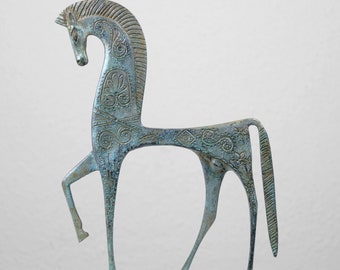 Greek Horse Statue in Bronze (Large) - Big Size Horse Sculpture Metal Art Figurine Hot Cast Brass with Green Patina