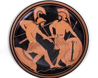 Ancient Greek Pottery Red-Figure Plate with Achilles and Patroclus Replica Handmade in Greece - 32 cm (12.6") - Ceramic - The Ancient Home