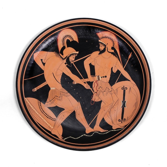 古代ギリシャ陶器 赤絵式皿 アキレスとパトロクロスのレプリカ