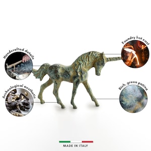 May include: A green bronze unicorn sculpture with a rich green patina. The sculpture is handcrafted and made in Italy. The image shows details of the casting process and the finished product.