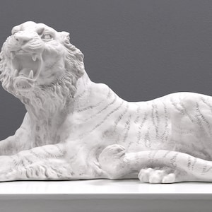 Tiger, Lying and Roaring Statue (Small) - Animal Sculpture Art in Marble - MADE IN EUROPE (13&quot; / 33cm) - Home Decor - The Ancient Home