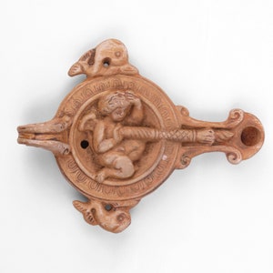 Ancient Oil Lamp with Eros - Roman Pottery Replica for Reenactment - 22 cm (8.7 inch)