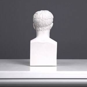 May include: White plaster bust sculpture of a person's head and shoulders, viewed from the back. The bust is on a white pedestal.