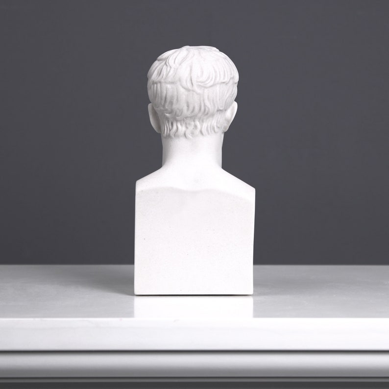 May include: White plaster bust sculpture of a person's head and shoulders, viewed from the back. The bust is on a white pedestal.