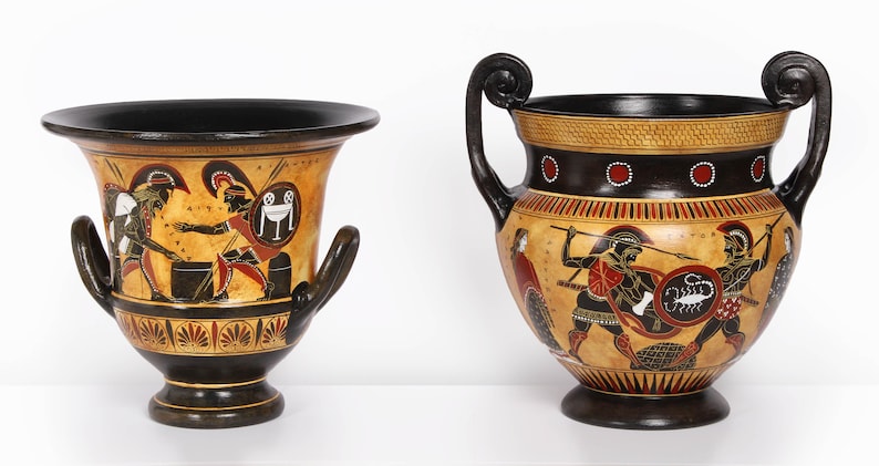 Reproducción de cerámica griega antigua - Jarrón de figuras negras - Crátera calcídica con Aquiles y Héctor - Réplica de ánfora de la antigua Grecia imagen 5