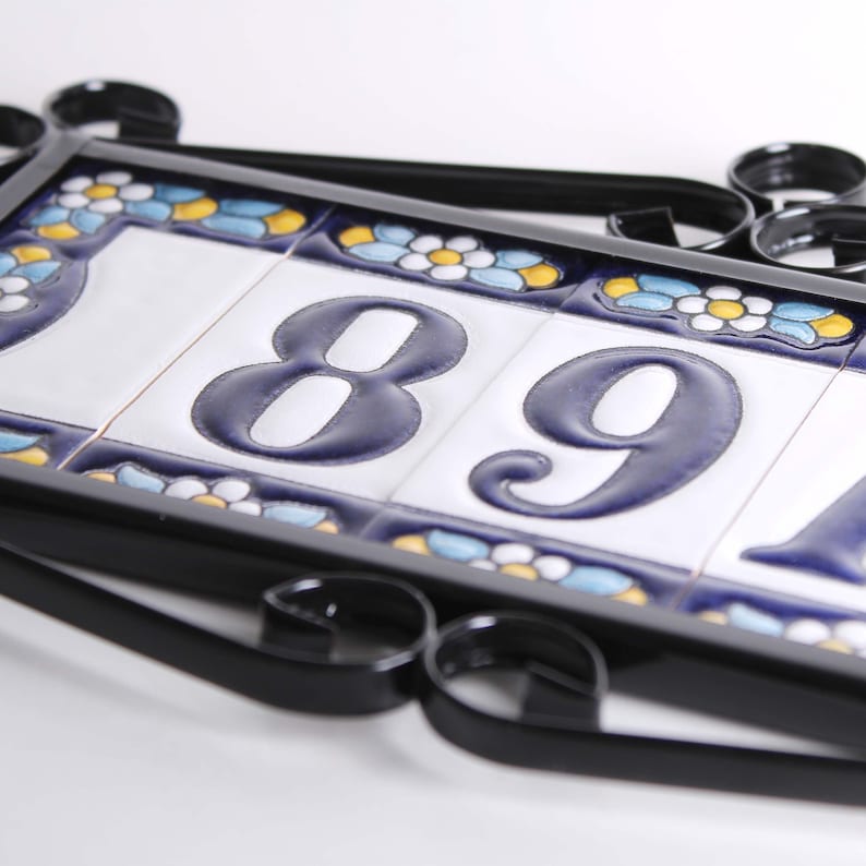 Mediterranean House Number - Italian House Numbers Ceramic Spanish Home Decor Handmade Letters & Numbers with Metal Frame image 1