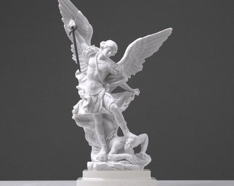 聖ミカエル大理石天使彫刻 - ルシファーを倒す大天使像 - 手作り大理石