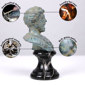 May include: Bronze bust sculpture of a man with a beard, on a black marble base. The sculpture has a green patina and is handcrafted with details.