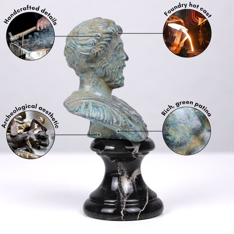 May include: Bronze bust sculpture of a man with a beard, on a black marble base. The sculpture has a green patina and is handcrafted with details.