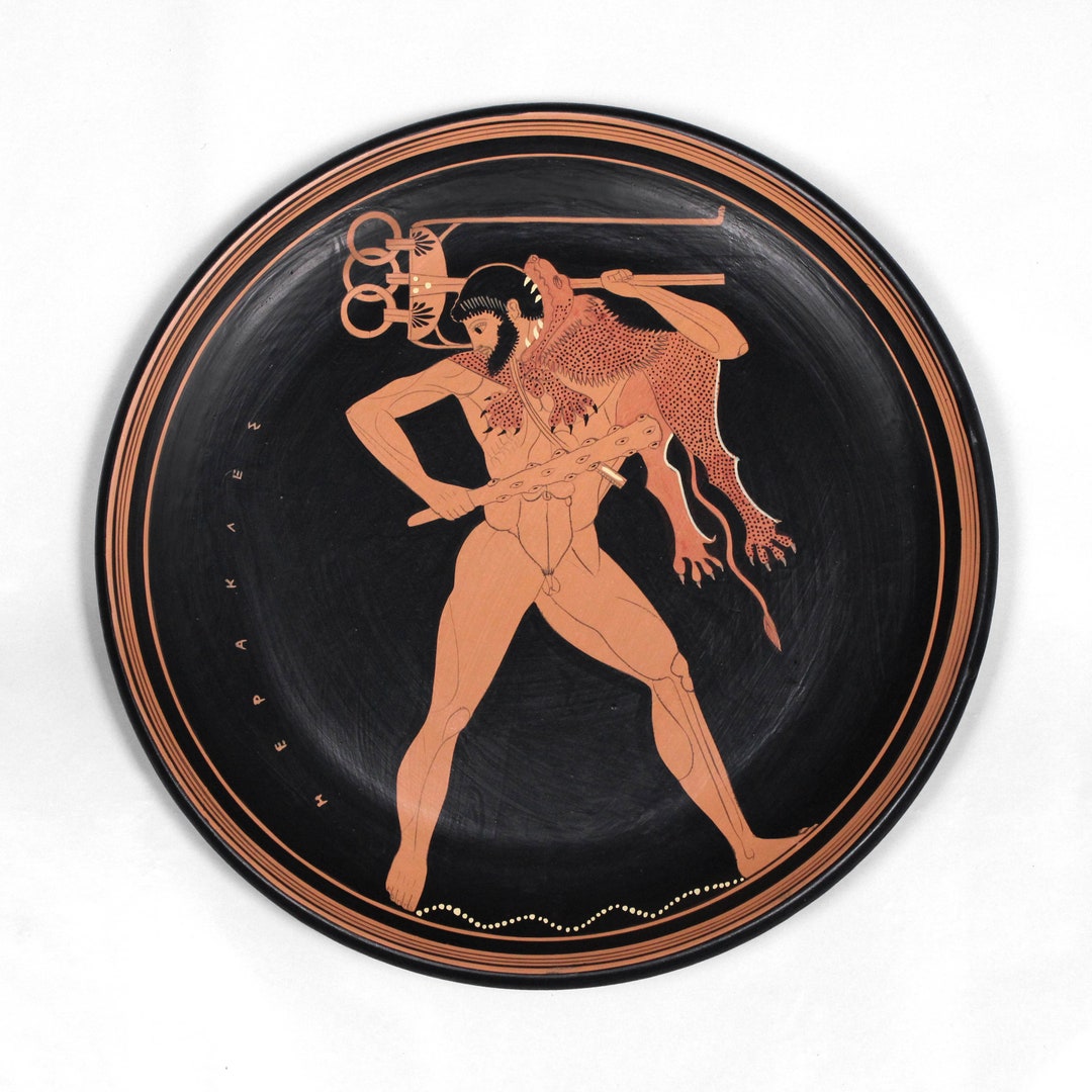 古代ギリシャ陶器のレプリカ - ヘラクレスの赤絵皿 - 32 cm (12.6