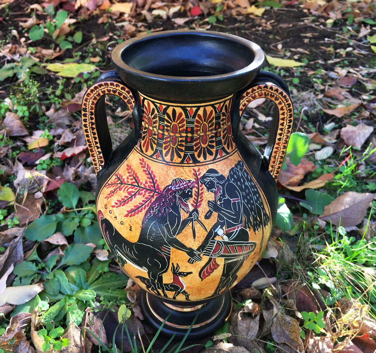 古代ギリシャの花瓶レプリカ 黒像式腹型アンフォラ アテナとヘラクレス