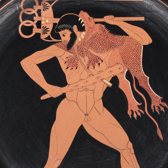 古代ギリシャ陶器レプリカ - ヘラクレスが描かれた赤絵式皿 - 32cm