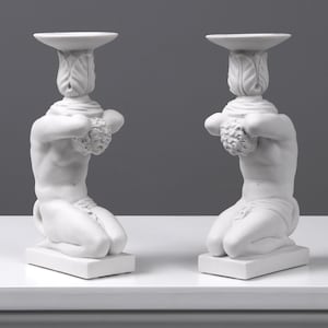 Marble Sculpture Atlas Candle Holder Statue in Pair Antique Candlestick - 19cm / 7.5&quot; - Home Decor - Handmade in Europe - The Ancient Home