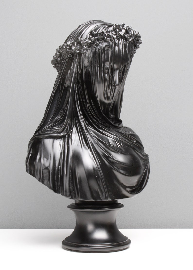 Veiled Lady Bust Sculpture in Black - Female Antique Art Statue in ...