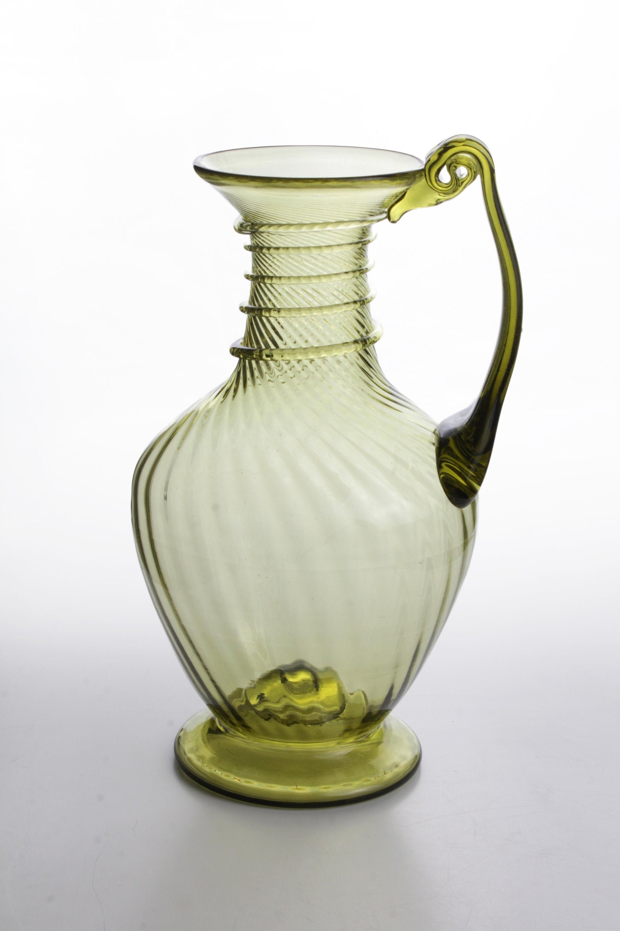 Ancient Roman Pitcher with Linear Relief Handmade Glass Jug Replica Hand Blown Made in Europe