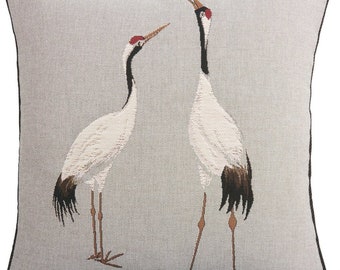 Two White Cranes Grey Cushion with Filling (50cm x 50cm / 19.6" x 19.6")