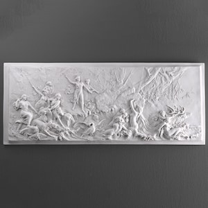 Diana (Goddess Artemis) Hunting Bas-Relief - Greek Roman Wall Sculpture - Art Decor Plaque - Made in Europe  (24 x 58 cm /9.4 x 22.8 inch)