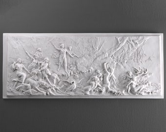 Bas-relief de chasse Diane (déesse Artémis) – Sculpture murale grecque romaine – Plaque de décoration artistique – Fabriqué en Europe (24 x 58 cm)