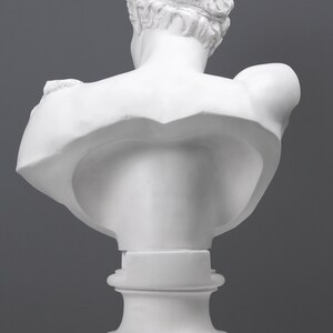 May include: White plaster bust sculpture of a man's torso and head. The bust is on a white pedestal base.