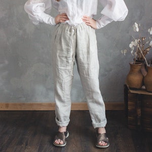 High waisted LINEN PANTS waistband elastic image 1