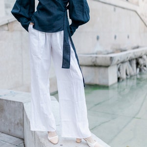 Wide Leg Linen Pants with Pockets, High Waisted Pleated Pants, White Linen Pants