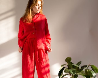 LINEN PAJAMA SET for women, Two Piece Set with Linen Pants