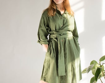 MIDI DRESS with sleeves and pockets, linen wrap dress, summer linen dress, linen dress with collar