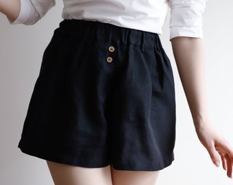 Tuman High Waisted Shorts, Black Linen Shorts for Women, Wide Leg Shorts