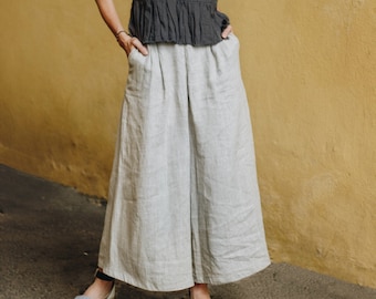 Hose mit weitem Bein MARISA, Leinenhose mit hoher Taille, Leinen Culottes, Leinenhose in Übergröße