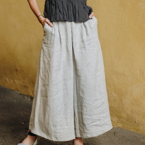 LINEN CULOTTES MARISA Wide Leg Pants With Pockets High | Etsy