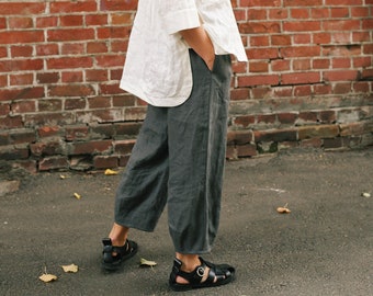 High waist tapered linen pants, Elastic waist wide leg pants