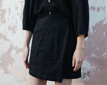 Linen Mini Skirt LUBA, Wrap Linen Skirt with Pockets