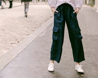 Tapered Cargo Pants with Elastic Waist, Wide Leg Linen pants, High Waist Linen Pants