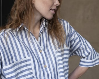 AGAPA LINEN SHIRT, Loose Linen Shirt, Striped Linen Blouse with Pockets, Plus Size Linen Tunic, Button Down Linen Shirt