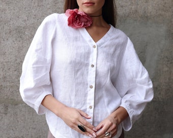 Linen Blouse with Balloon Sleeves, Puff Sleeve Blouse with Cocoon Back, Oversized Linen Top with Sculpted Sleeves