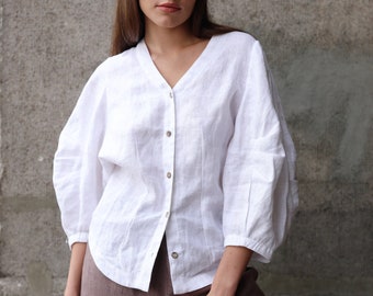 Balloon Sleeve Linen Blouse, Oversized Linen Top with Sculpted Sleeves, Puff Sleeve Blouse with Cocoon Back