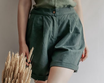 LINEN shorts ZOSYA, High Waisted linen shorts with pockets, wide leg linen shorts for women plus size to 3XL