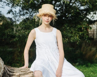 NINA Smock-Leinenkleid, weißes Leinen-Maxikleid, Leinen-Sommerkleid mit Taschen