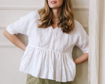 SERENA Ruffled Linen Top, Peplum Top, White Linen Blouse