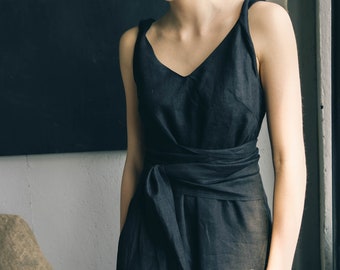 BLACK LINEN DRESS mit Taschen Maxi-Boho-Kleid in Schwarz