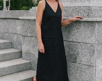 Black Linen Sundress, Spaghetti Strap Dress, Linen Slip Dress, Cami Midi Dress with Pockets