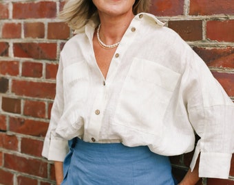 Chemise oversize en lin blanche avec poche JANINA, chemise d'été boutonnée, haut en lin grande taille