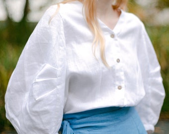 Balloon Sleeve Linen Blouse, Oversized Linen Shirt with Puffy Sleeves