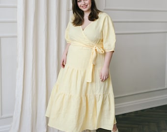 MARTA Linen Wrap Maxi Dress, Linen Dress with Puffy Sleeves
