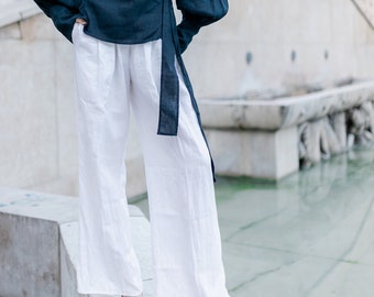 Wide Leg Linen Pants with Pockets, High Waisted Pleated Pants, White Linen Pants