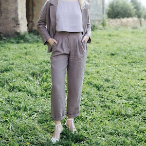 TAPERED LINEN PANTS, High Waisted Linen Pants  with Pockets