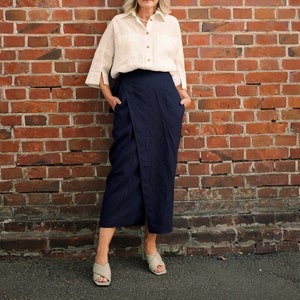 High Waisted Pencil Skirt, Wrap Linen Skirt with Pockets, Long Navy Skirt, Maxi Skirt Plus Size image 1