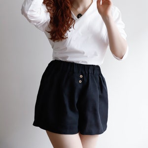 Tuman High Waisted Shorts, Black Linen Shorts for Women, Wide Leg Shorts image 3