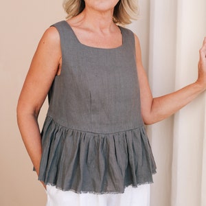 LINEN PEPLUM TOP, Sleeveless Linen Top, Ruffle Hem Blouse, Square Neck Crop Top image 2